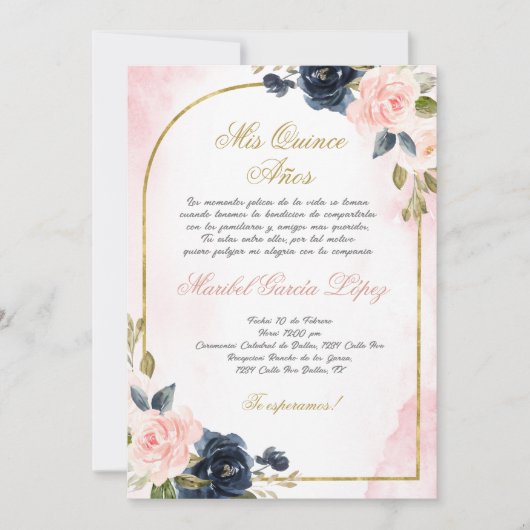 Roze Rose Quinceanera uitnodiging in het Spaans (Voorkant)