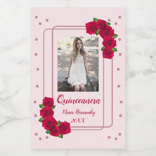 Roze Rose Quinceañera Wijn Etiket (Enkel label)