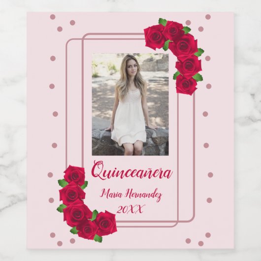 Roze Rose Quinceañera Wijn Etiket (Enkel label)