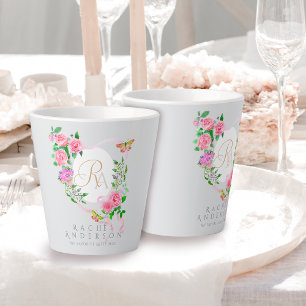 Roze Rose Ribbon Chic Monogram Grijs Latte Mok