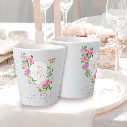 Roze Rose Ribbon Chic Monogram Grijs Latte Mok