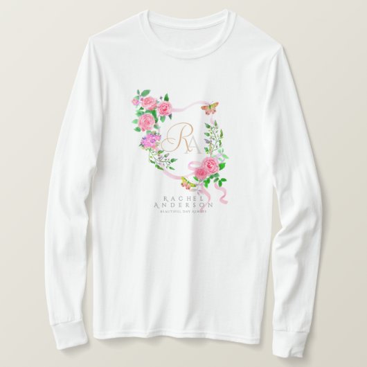 Roze Rose Ribbon Chic Monogram Wit T-shirt (Design voorkant)