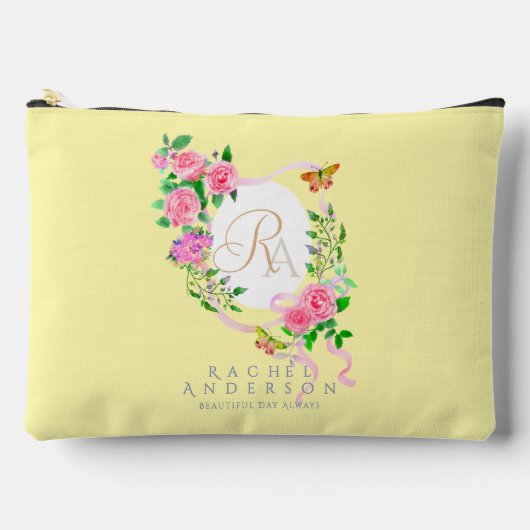 Roze Rose Ribbon Monogram Cream Print Cut Naaizak Etui (Voorkant)