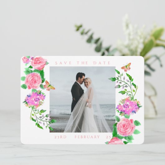 Roze Rose Ribbon Monogram Fotobruiloft Save The Date (Staand voorkant)