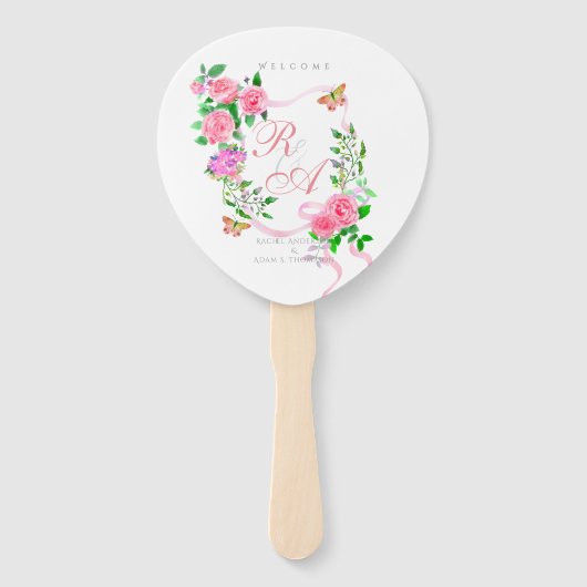 Roze Rose Ribbon Monogram Huwelijk Handwaaier (Voorkant)