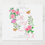 Roze Rose Ribbon Monogram Huwelijk Sparkling Wijnetiket (Enkel label)
