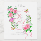 Roze Rose Ribbon Monogram Huwelijk Wijn Etiket (Enkel label)
