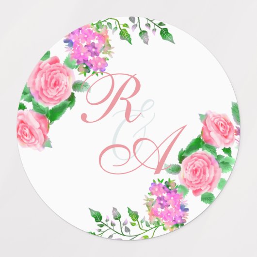 Roze Rose Ribbon Monogram Huwelijksuitnodiging Labels (Design 1)