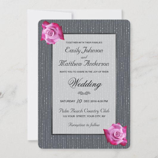 Roze Rose Ribbon Silver Glow Wedding Uitnodiging (Voorkant)