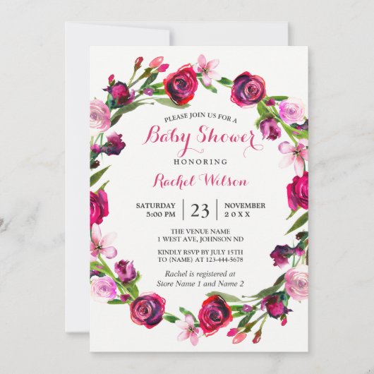 Roze Rose Romantic Floral Baby shower Invite Kaart (Voorkant)