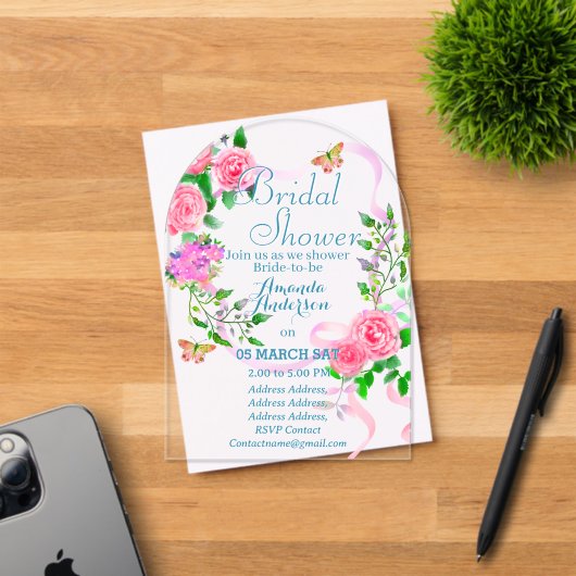 Roze Rose Romantiek Bruids Acryl Uitnodiging (Insitu (Uitnodiging))