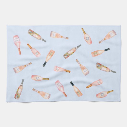 Roze rosé roos waterverf flesje theedoek (Horizontaal)