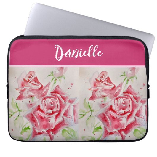 Roze Rose Rozen Waterverf Aanpasbaar Laptop Sleeve (Voorkant)