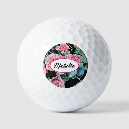 Roze Rose Rozen Waterverf Shabby Key Ring Golfballen (Voorkant)