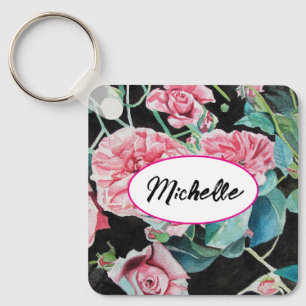 Roze Rose Rozen Waterverf  Shabby Key Ring Sleutelhanger