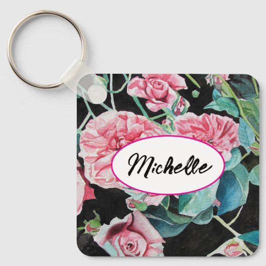 Roze Rose Rozen Waterverf  Shabby Key Ring Sleutelhanger (Voorkant)