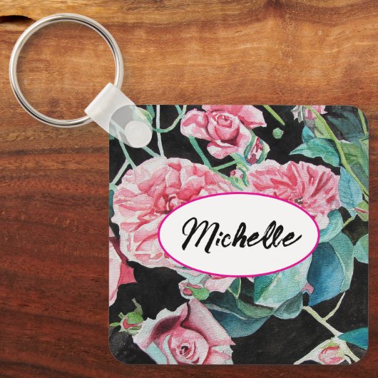 Roze Rose Rozen Waterverf  Shabby Key Ring Sleutelhanger (Voorkant)