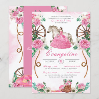 Roze Rose Rustic Floral Western Charra Quinceañera Kaart