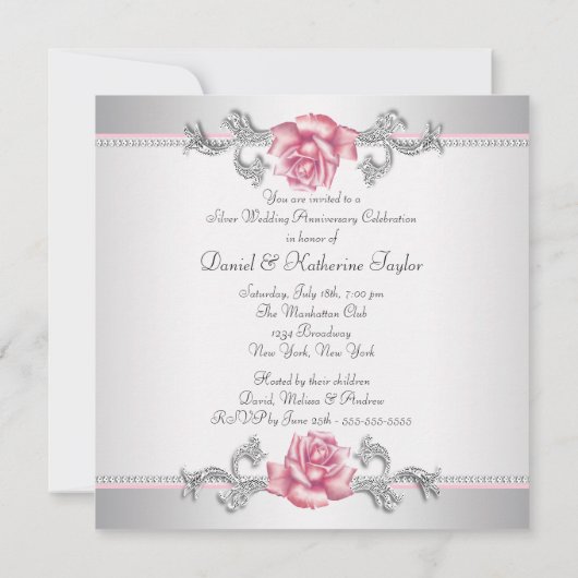 Roze Rose Silver 25th Wedding Jubileum Kaart (Achterkant)