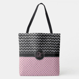 Roze Rose Silver Black Glitter Chevron Monogram Tote Bag