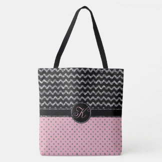 Roze Rose Silver Black Glitter Chevron Monogram Tote Bag