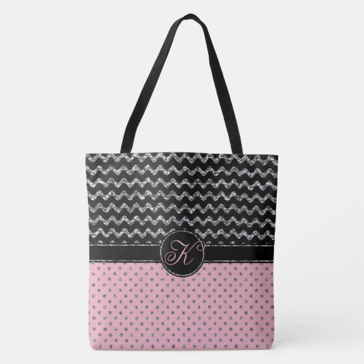 Roze Rose Silver Black Glitter Chevron Monogram Tote Bag (Voorkant)