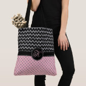 Roze Rose Silver Black Glitter Chevron Monogram Tote Bag (Dichtbij)