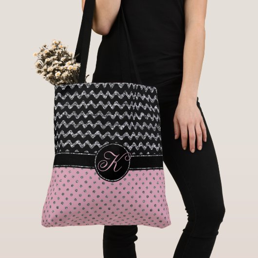 Roze Rose Silver Black Glitter Chevron Monogram Tote Bag (Dichtbij)