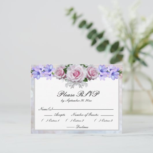 Roze Rose | Silver Bokeh Wedding Response Uitnodiging Briefkaart (Staand voorkant)