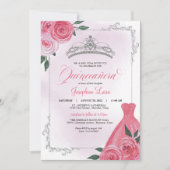 Roze Rose Silver en White Floral Tiara Quinceañera Kaart (Voorkant)