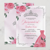 Roze Rose Silver en White Floral Tiara Quinceañera Kaart (Voorkant / Achterkant)