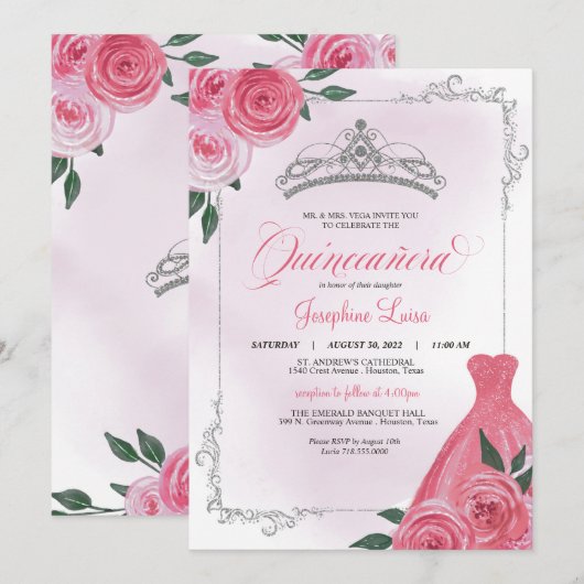 Roze Rose Silver en White Floral Tiara Quinceañera Kaart (Voorkant / Achterkant)