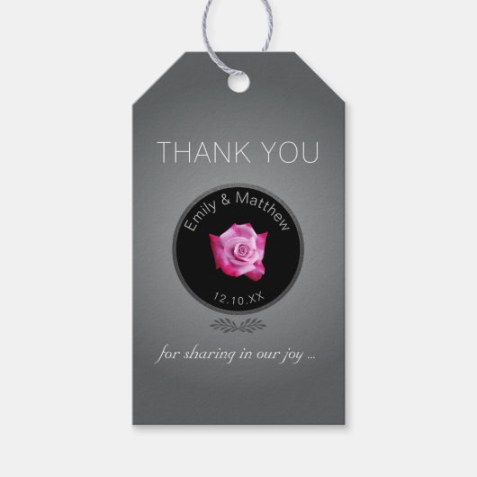 Roze Rose Silver Glow Bruiloft Dank u Cadeau Label Cadeaulabel (Voorkant)