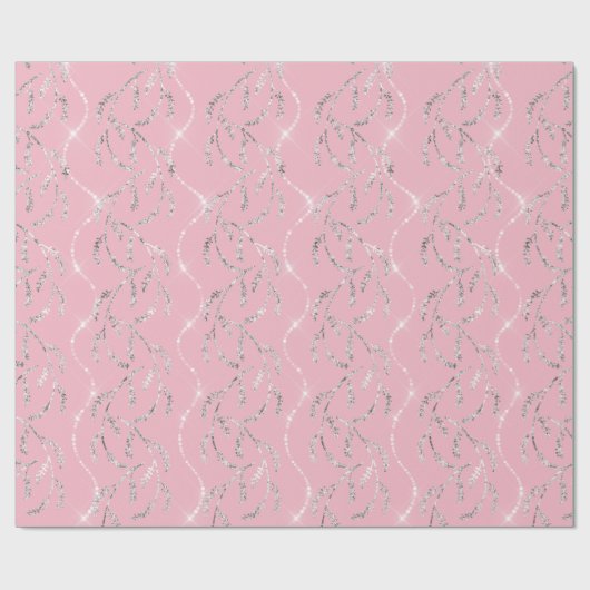 Roze Rose Sparkly Laurel Floral Silver Diamonds Cadeaupapier (Vlak)
