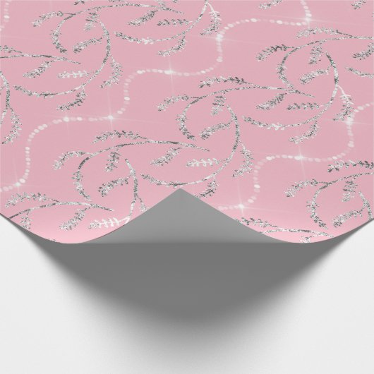 Roze Rose Sparkly Laurel Floral Silver Diamonds Cadeaupapier (Hoek)