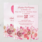 Roze Rose Swirly Hart 100ste Verjaardag Diner Kaart (Voorkant / Achterkant)