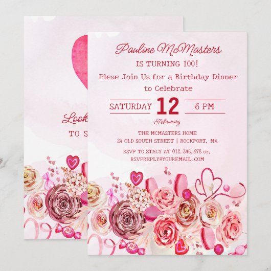 Roze Rose Swirly Hart 100ste Verjaardag Diner Kaart (Voorkant / Achterkant)