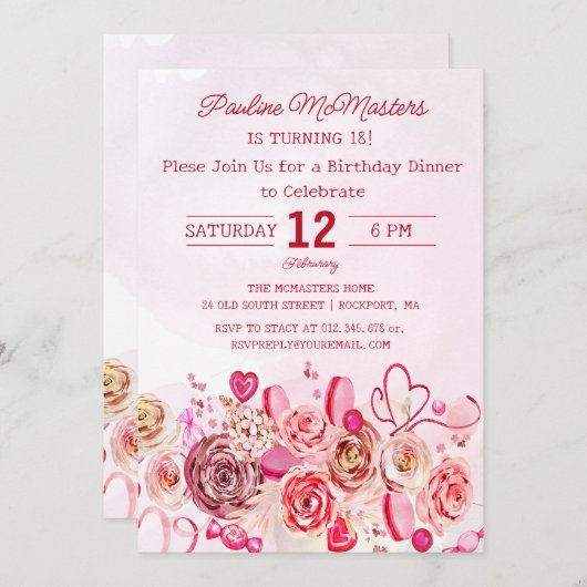 Roze Rose Swirly Hart 18e Verjaardag Diner Kaart (Voorkant / Achterkant)