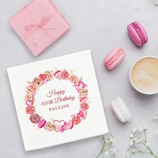Roze Rose Swirly Heart Valentijns 100e geboortedag Servet