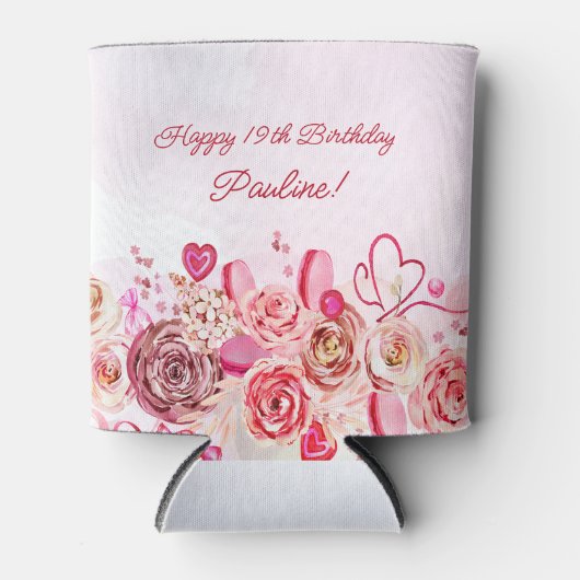 Roze Rose Swirly Heart Valentijns 19e verjaardag Blikjeskoeler (Voorkant)