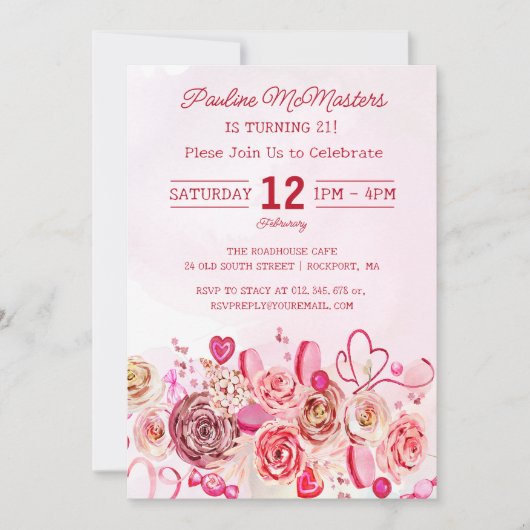 Roze Rose Swirly Heart Valentijns 21e Verjaardag Kaart (Voorkant)