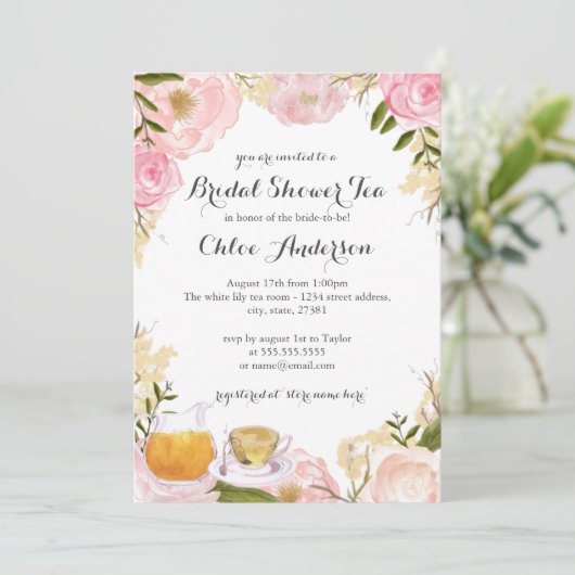 Roze Rose Teacup Bridal Shower Uitnodiging (Staand voorkant)