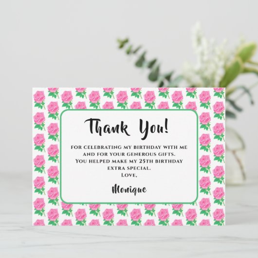 Roze Rose Verjaardag Dank u kaart (Staand voorkant)