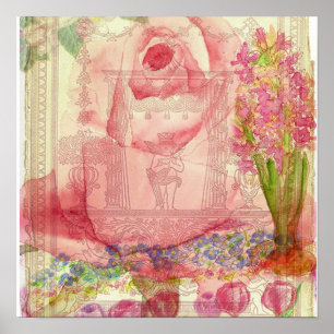 Roze Rose Victoriaans Waterverf FlowersCollage Poster