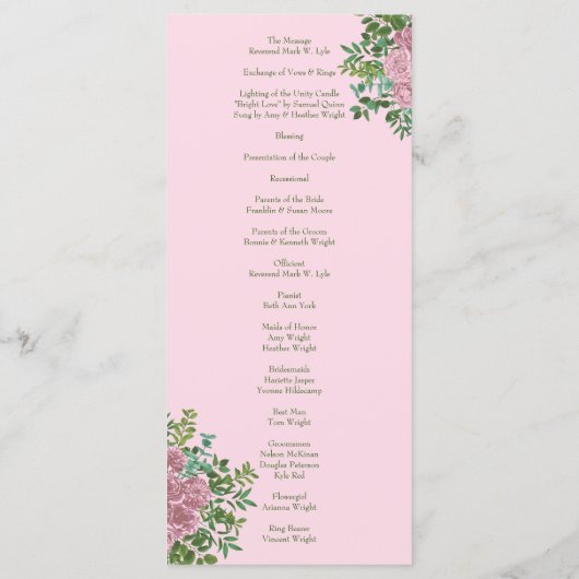 Roze Rose Vintage Wedding Menu (Achterkant)