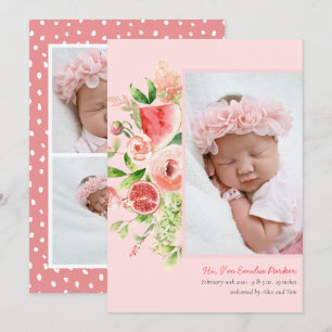 Roze Rose Watermelon   Modern Elegant Floral Birth Aankondiging