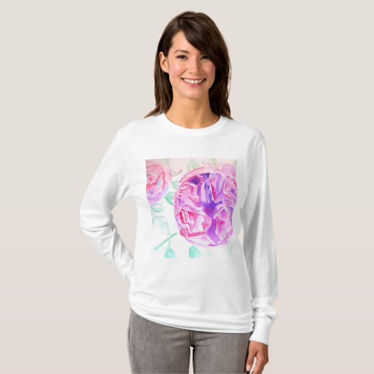 Roze Rose Waterverf bloemen Rozen T Shirt (Voorkant volledig)