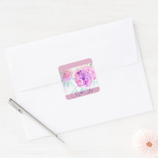 Roze Rose Waterverf Lila Roze met liefde Vierkante Sticker (Envelop)