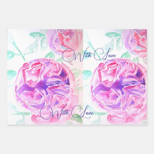 Roze Rose Waterverf Lila Rozen Bloem Bloem Inpakpapier Vel (Voorkant)