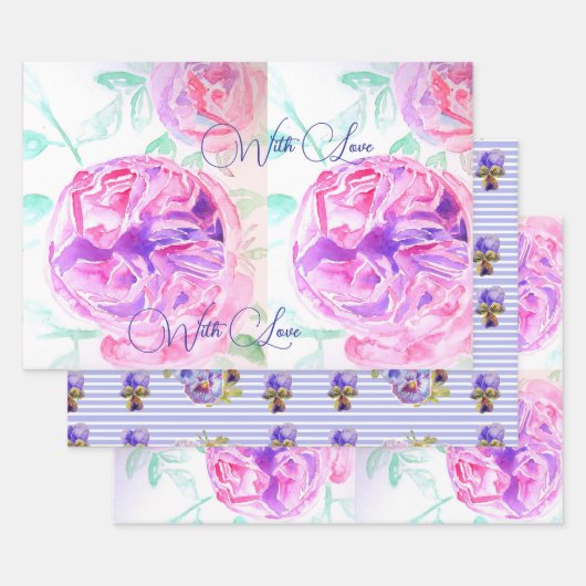Roze Rose Waterverf Lila Rozen Bloem Bloem Inpakpapier Vel (Set)